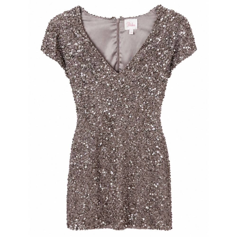 Parker Haze Silver Beaded Sequin Cap Sleeve V-Neck Cocktail Dress XS